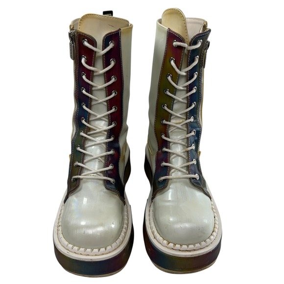 Demonia Emily350 reflective rainbow platform combat boots Size 8.5 vegan leather - Picture 2 of 11